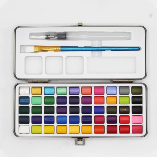 50 Renk Tablet Sulu boya Seti + Su Hazneli Fırça + Profisyonal Fırça – Metal kasa – Yüksek kalite profisyonal sulu boya seti